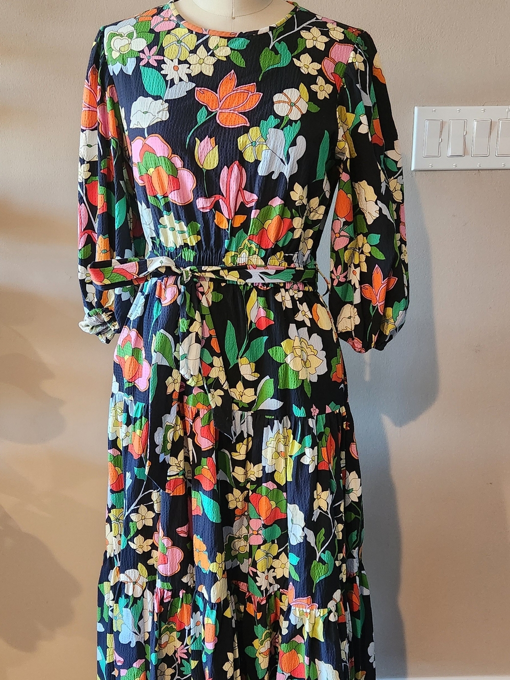 kate spade Black Floral Tiered Midi Dress with Multicolor Blooms